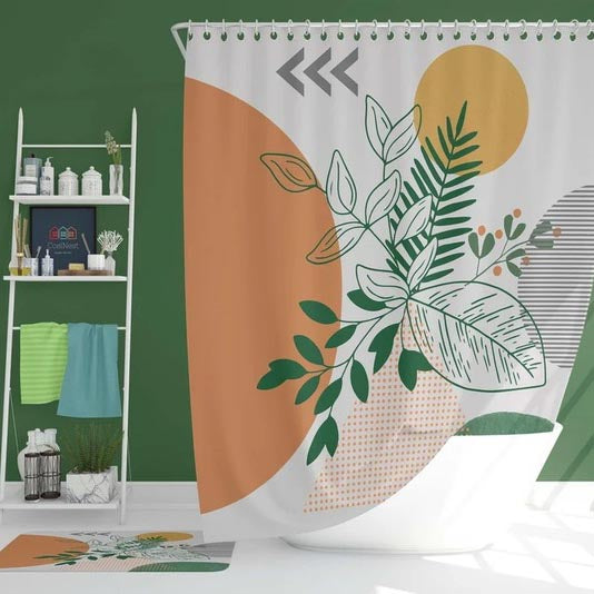 Art Geometry Blocks Leaves and Sun Shower Curtain, Floral Waterproof Curtain Decor, Unique Bathroom décor, Boho Shower Curtain, Customized Bathroom Curtains, Extra Long Shower Curtain