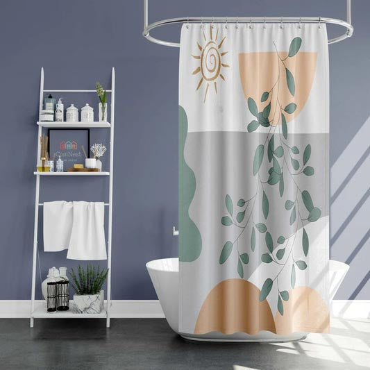 Abstract Geometry Blocks Leaves and Sun Shower Curtain, Mountain and Sun Waterproof Curtain Decor, Unique Bathroom décor, Boho Shower Curtain, Customized Bathroom Curtains, Extra Long Shower Curtain