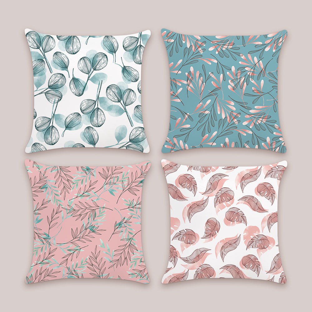 Teal and Pink Leaves Throw Pillow Covers