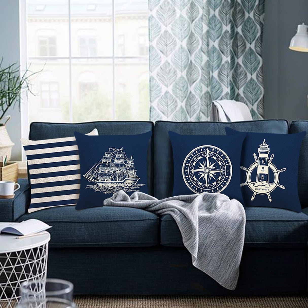 Navy  Anchor Compass Throw Pillow Covers