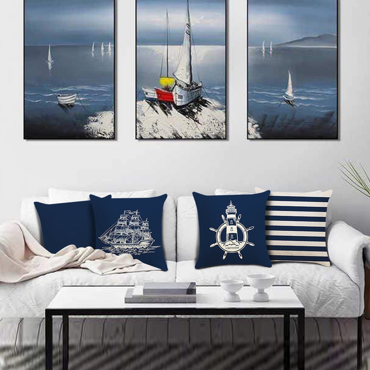 Navy  Anchor Compass Throw Pillow Covers