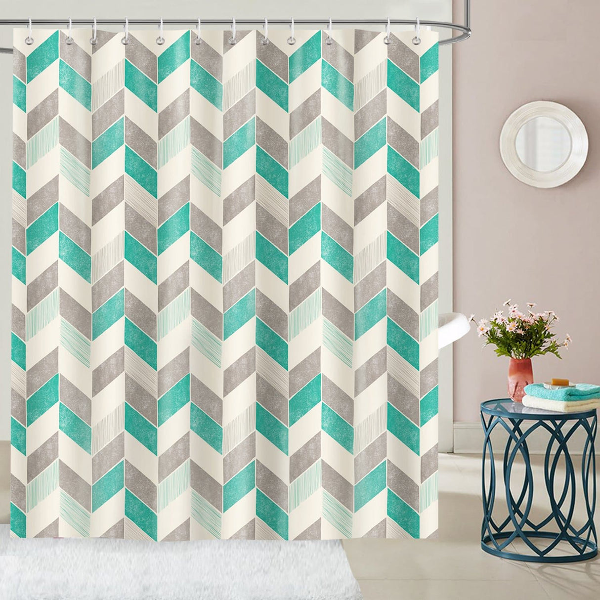 Green Striped Geometric Shower Curtain