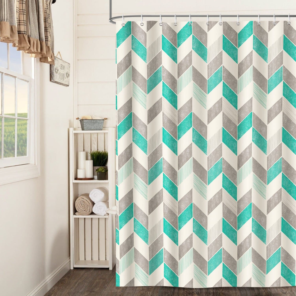 Green Striped Geometric Shower Curtain