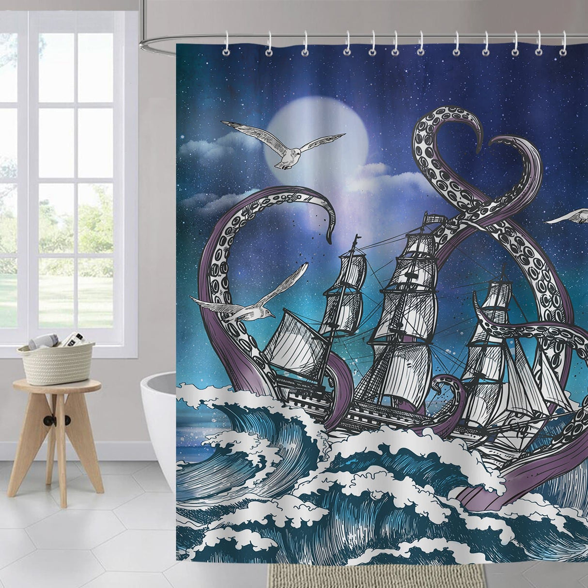 Blue Octopus Sailboat Shower Curtain