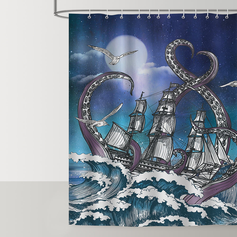 Blue Octopus Sailboat Shower Curtain