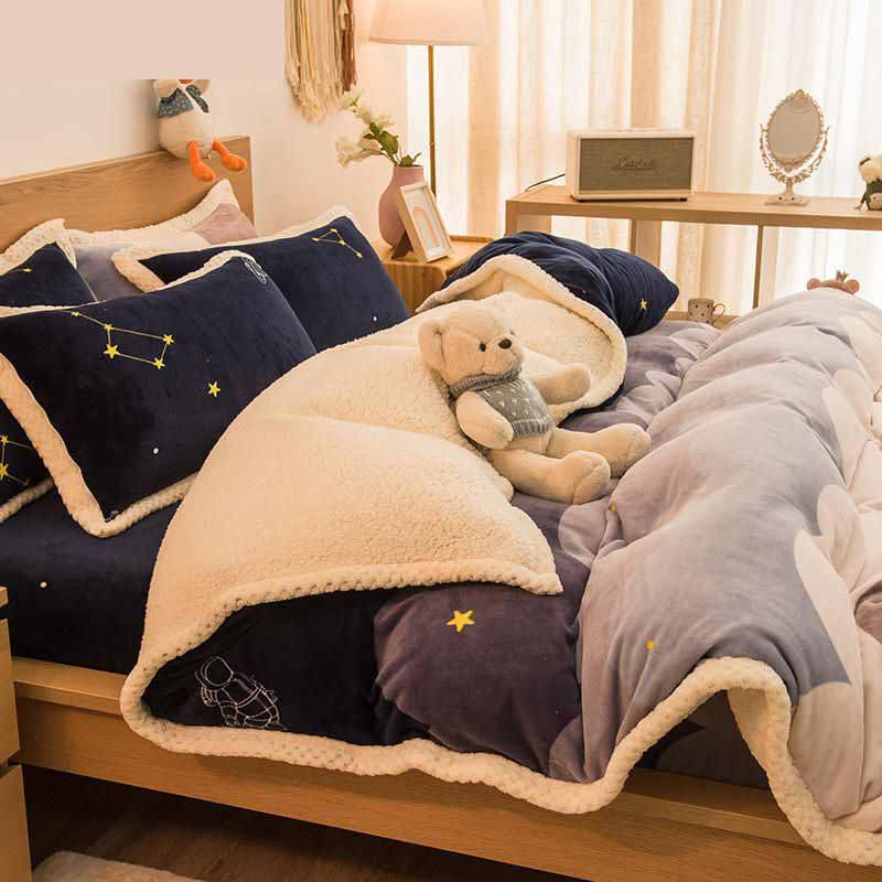 Poly Blue Gradient Universe Stars Constellation Milk Cashmere Flannel Berber Fleece Bedding Set