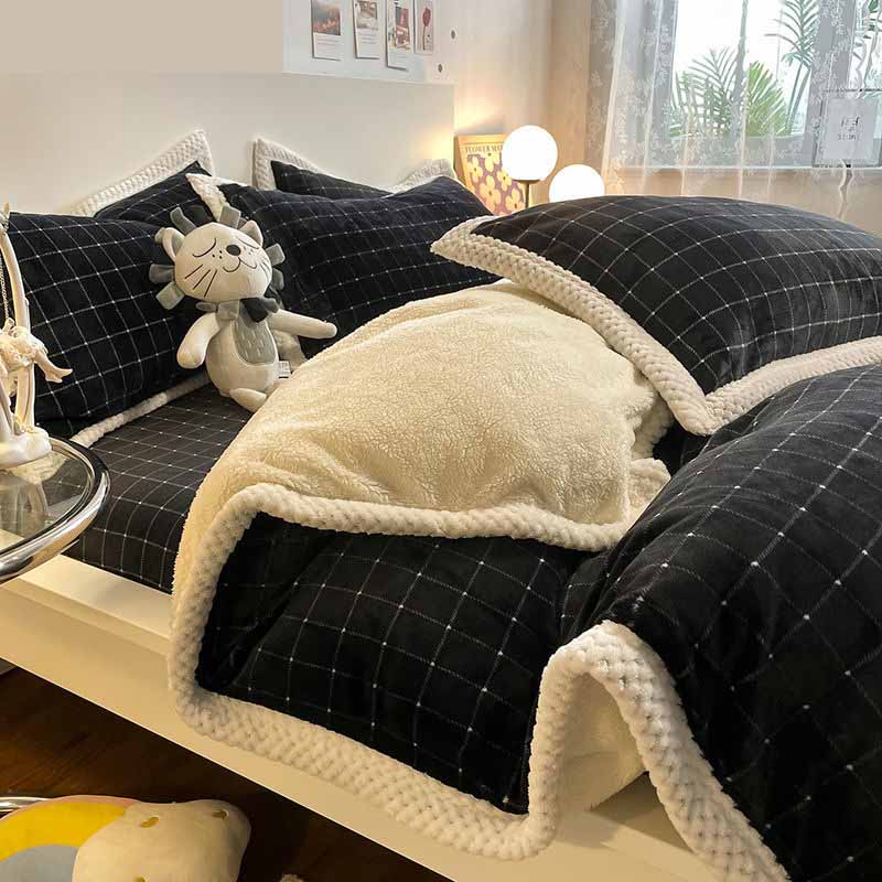 Poly Black and White Checkerboard Milk Cashmere Flannel Berber Fleece Bedding Set