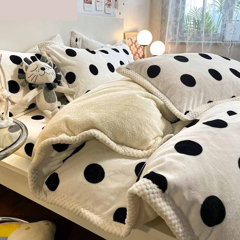 Poly Black and White Dot Milk Cashmere Flannel Berber Fleece Duvet Cover Bedding Set