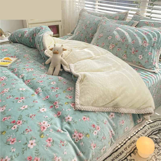 Poly Lovely Pink Flowers Green Ground Country Style Milk Cashmere Flannel Berber Fleece Duvet Cover Bedding Set