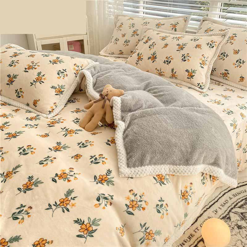 Poly Lovely Orange Flowers Cream Ground Country Style Milk Cashmere Flannel Berber Fleece Duvet Cover Bedding Set