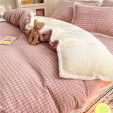 Poly Pink Check Cashmere Flannel Berber Fleece Duvet Cover Bedding Set