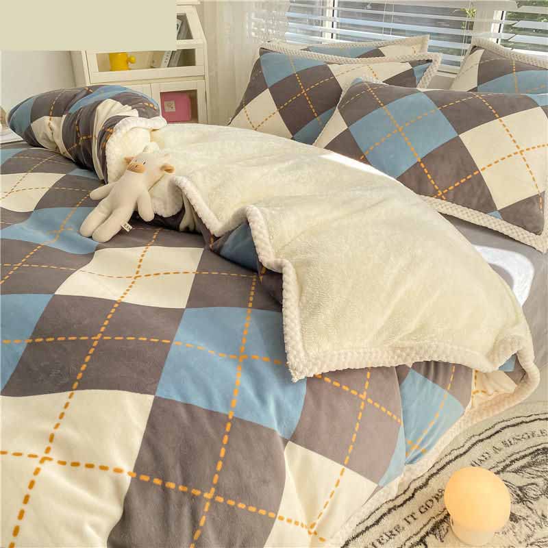 Poly Grey/White/Blue Check Cashmere Flannel Berber Fleece Duvet Cover Bedding Set