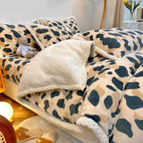 Poly Khaki and Green Leopard Print Cashmere Flannel Berber Fleece Duvet Cover Bedding Set