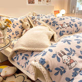 Poly Lovely Blue Flowers White Ground Cashmere Flannel Berber Fleece Duvet Cover Bedding Set