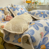Poly Lovely Blue Daisy Flowers White Ground Cashmere Flannel Berber Fleece Duvet Cover Bedding Set