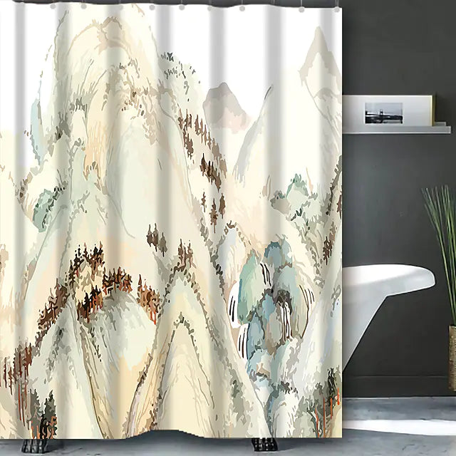 Feblilac Chinese Landscape Painting Mountain and Plant Yellow Shower Curtain with Hooks, Bathroom Curtains with Ring, Unique Bathroom décor, Boho Shower Curtain, Customized Bathroom Curtains, Extra Long Shower Curtain