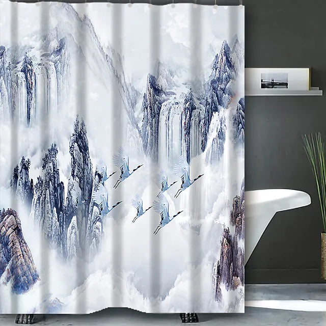 Feblilac Chinese Landscape Painting Crane and Mountain Shower Curtain with Hooks, Bathroom Curtains with Ring, Unique Bathroom décor, Boho Shower Curtain, Customized Bathroom Curtains, Extra Long Shower Curtain