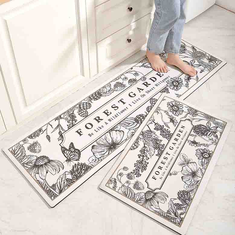 Feblilac Black Flower Garden and Butterfly PVC Leather Kitchen Mat