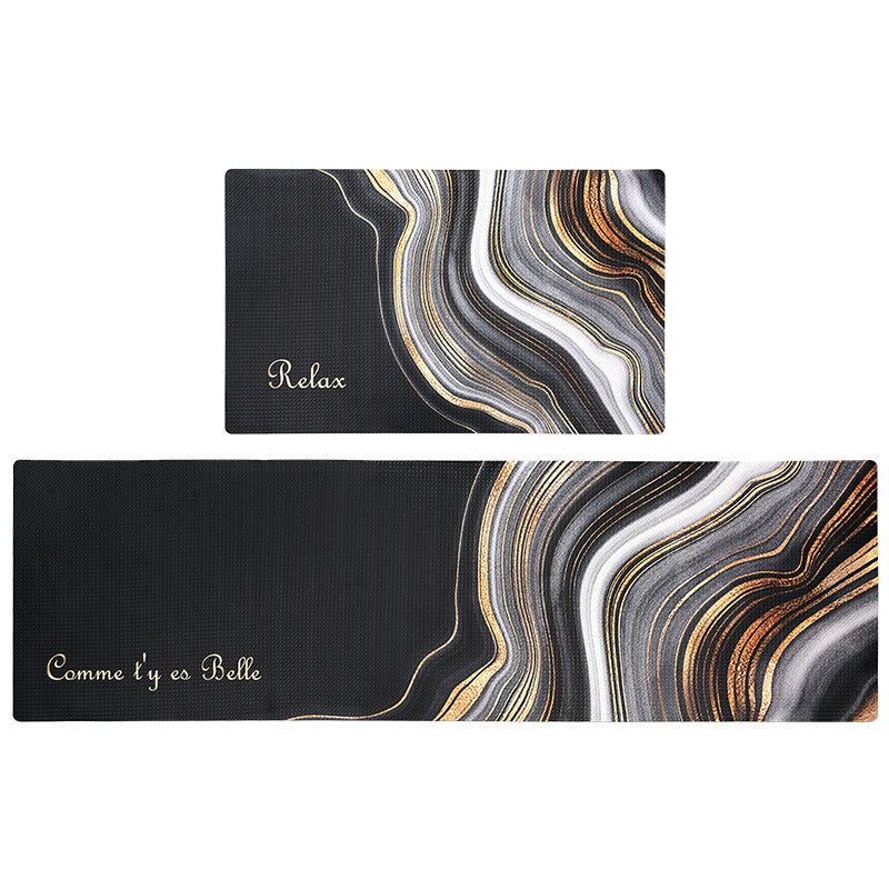 Feblilac Black Grey and Golden Wave Flow Line Pattern PVC Leather Kitchen Mat