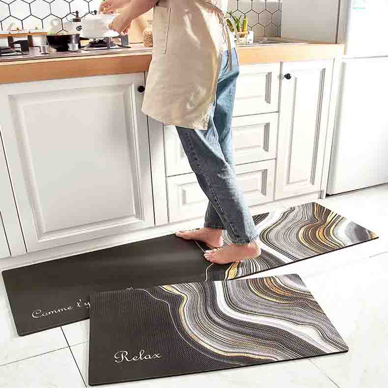 Feblilac Black Grey and Golden Wave Flow Line Pattern PVC Leather Kitchen Mat