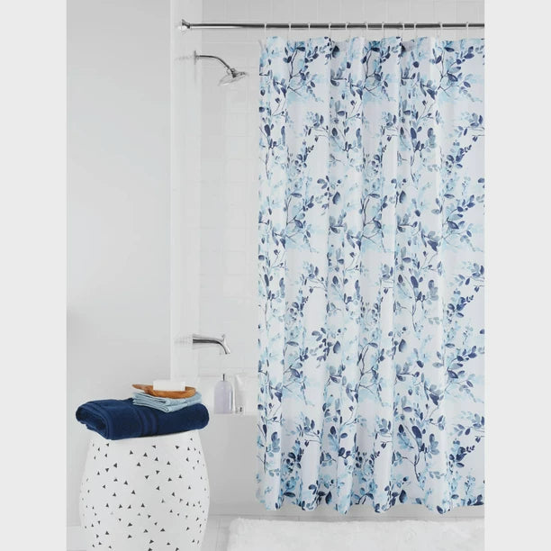 Feblilac Blue Purple Water Print Floral Leaves Pattern Shower Curtain with Hooks, Bloom Floral Bathroom Curtains with Ring, Unique Bathroom décor, Boho Shower Curtain, Customized Bathroom Curtains, Extra Long Shower Curtain