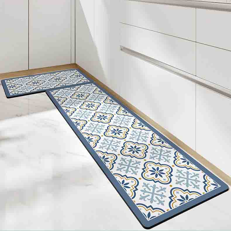 Feblilac Blue Flower Geometric Pattern PVC Leather Kitchen Mat