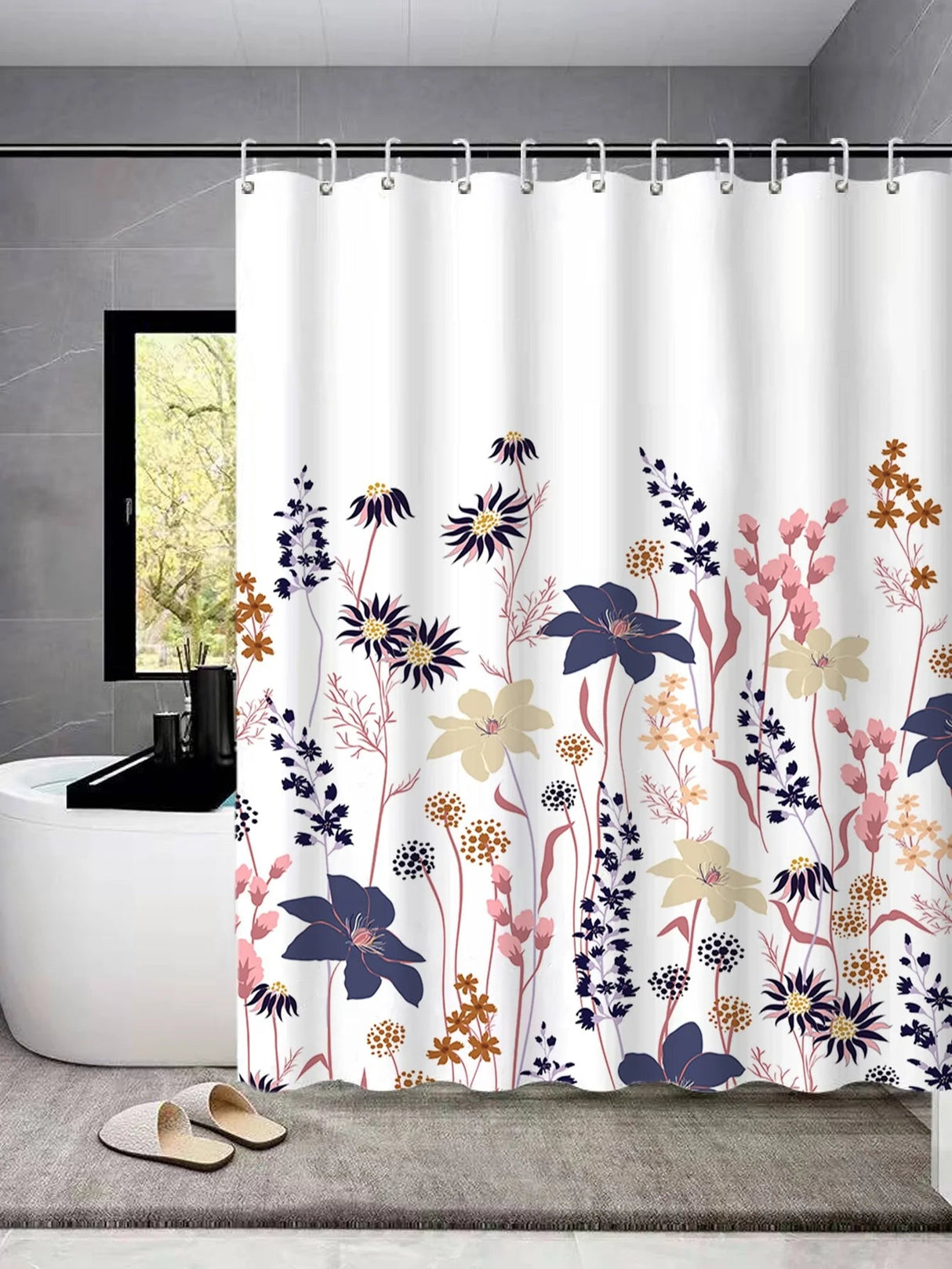 Feblilac Blue Pink Yellow Flowers Shower Curtain with Hooks, Animal Bathroom Curtains with Ring, Unique Bathroom décor, Boho Shower Curtain, Customized Bathroom Curtains, Extra Long Shower Curtain