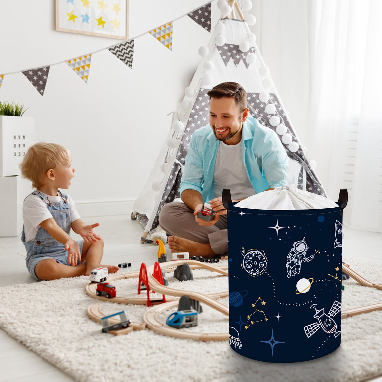 Blue Spaceships Collapsible Laundry Hamper