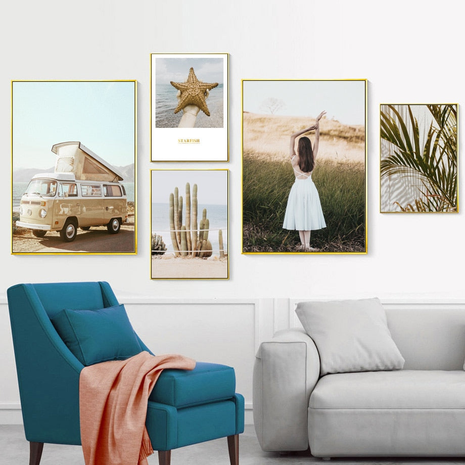 Cactus Sea Starfish Palm Leaf Girl Bus Wall Art Canvas Painting Nordic Posters And Prints Wall Pictures For Living Room Decor