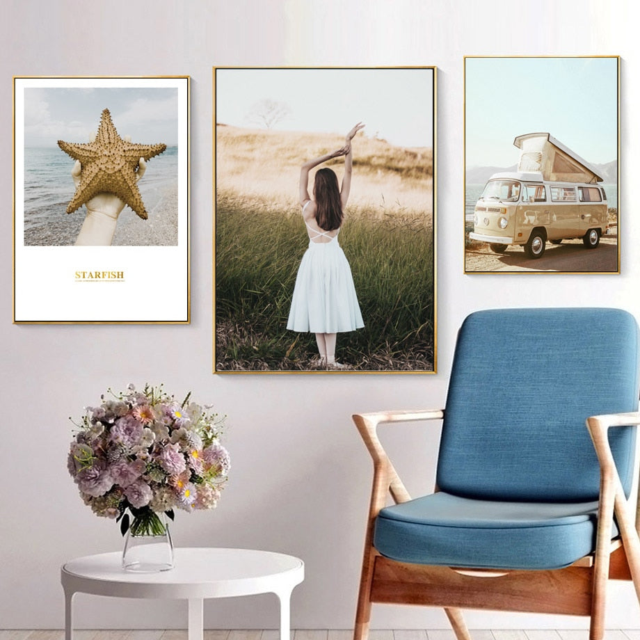 Cactus Sea Starfish Palm Leaf Girl Bus Wall Art Canvas Painting Nordic Posters And Prints Wall Pictures For Living Room Decor