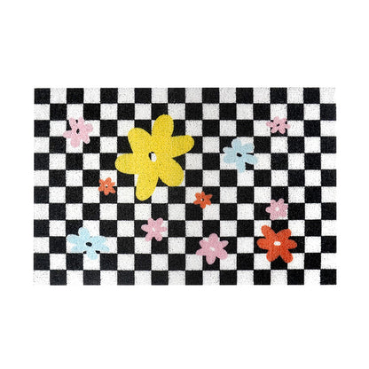 Checkerboard Black and White Floret Door Mat