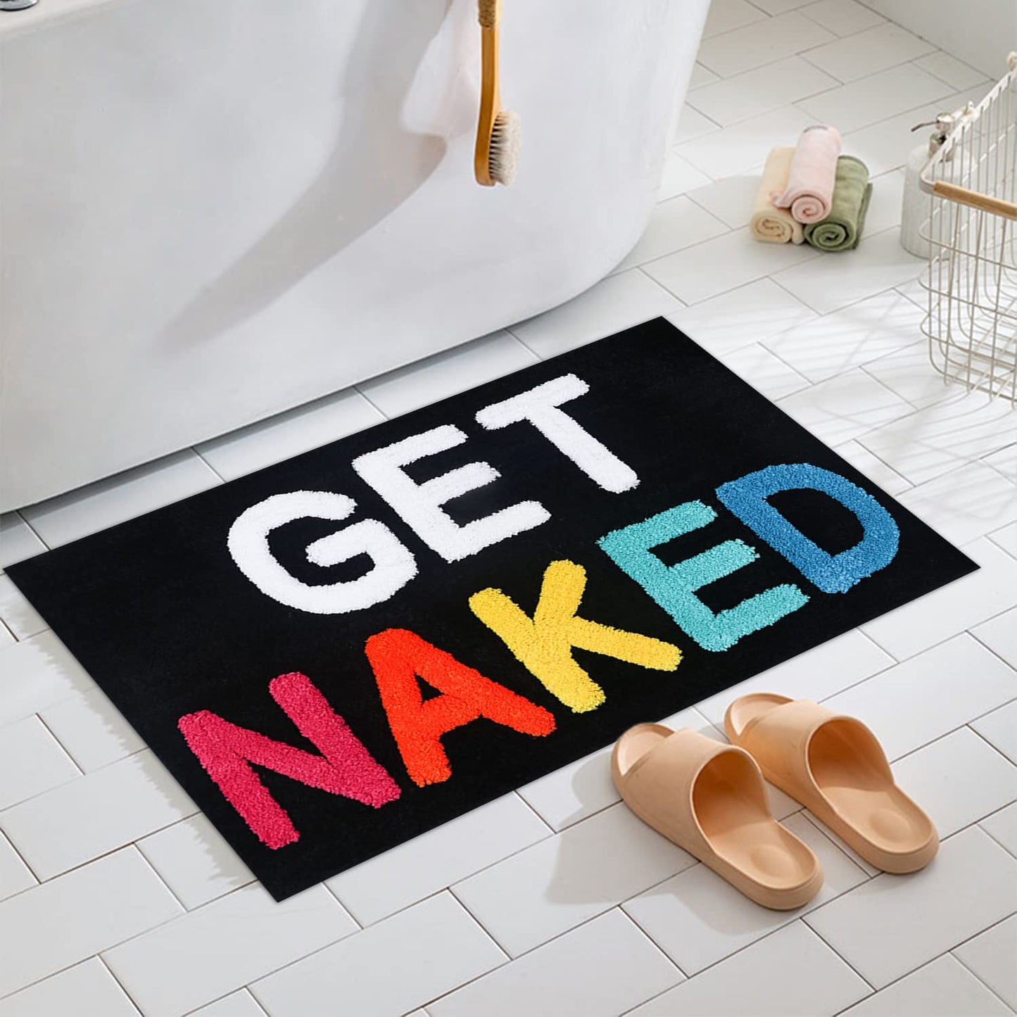 Feblilac Colorful Get Naked Black Ground Bathroom Mat, 50x80cm Bathroom Rug, Plush Water-Absorbent , Anti Slip Toilet Mat,  Art Bathroom Mats, Best Bath Rugs