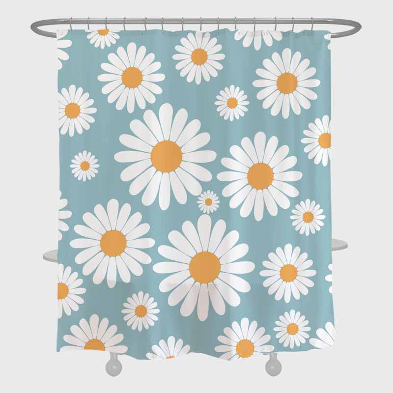 Feblilac Cute Daisy White and Blue Shower Curtain with Hooks, Floral Bathroom Curtains with Ring, Unique Bathroom décor, Boho Shower Curtain, Customized Bathroom Curtains, Extra Long Shower Curtain
