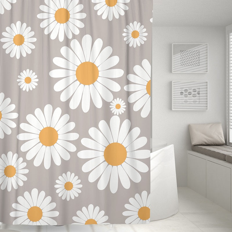 Feblilac Cute Daisy White and Grey Shower Curtain with Hooks, Floral Bathroom Curtains with Ring, Unique Bathroom décor, Boho Shower Curtain, Customized Bathroom Curtains, Extra Long Shower Curtain