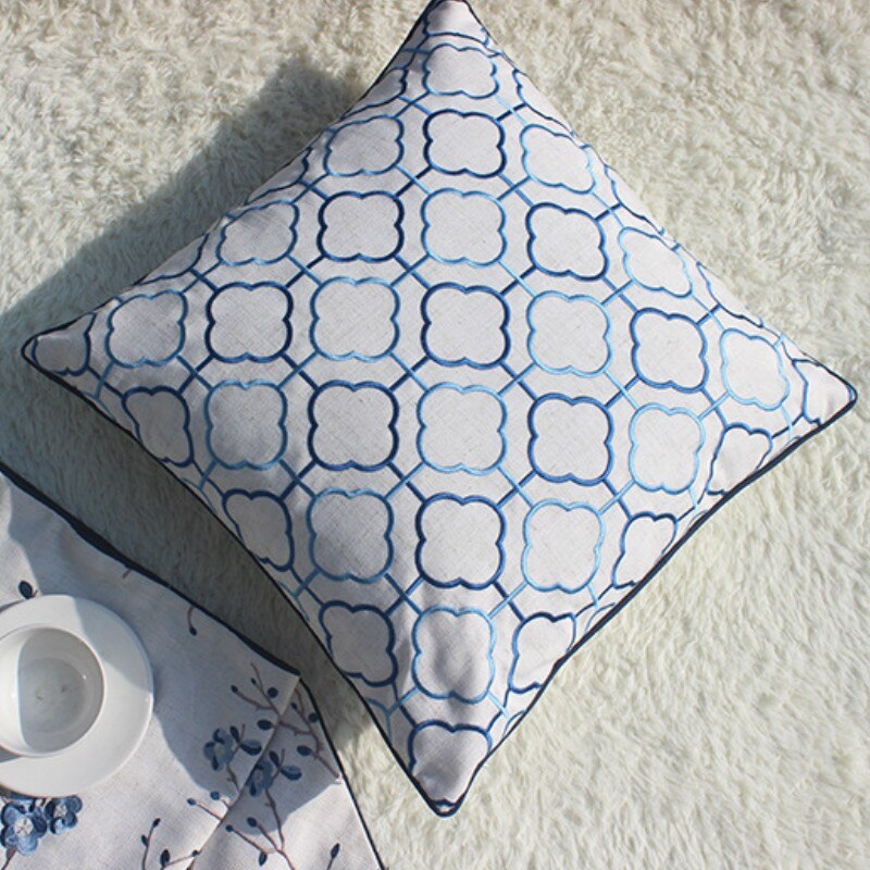 Cushion Cover Decorative Pillow Case Simple Chinese Geometric Embroidery Blue Coussin Modern Home Office Sofa Deco