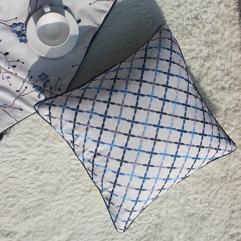 Cushion Cover Decorative Pillow Case Simple Chinese Geometric Embroidery Blue Coussin Modern Home Office Sofa Deco