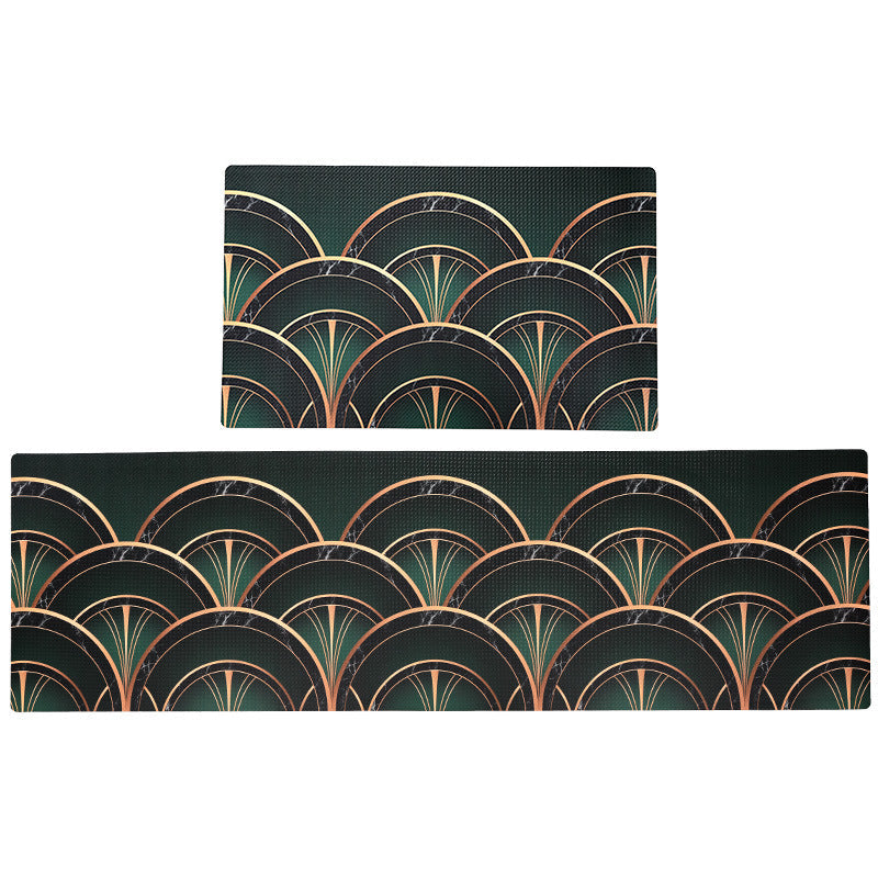 Feblilac Darker Green and Golden Fanshaped Pattern PVC Leather Kitchen Mat