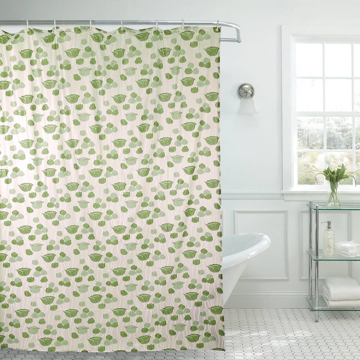 Feblilac Green Rose Shower Curtain with Hooks, Geometric Figure Bathroom Curtains with Ring, Unique Bathroom décor, Boho Shower Curtain, Customized Bathroom Curtains, Extra Long Shower Curtain