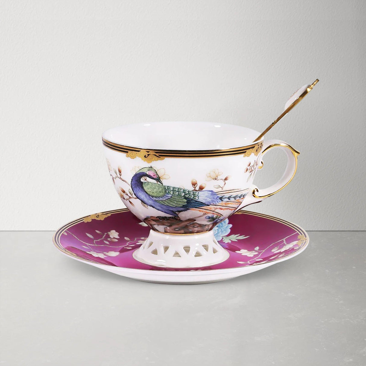 Purple Bird Bone China Coffee Cup