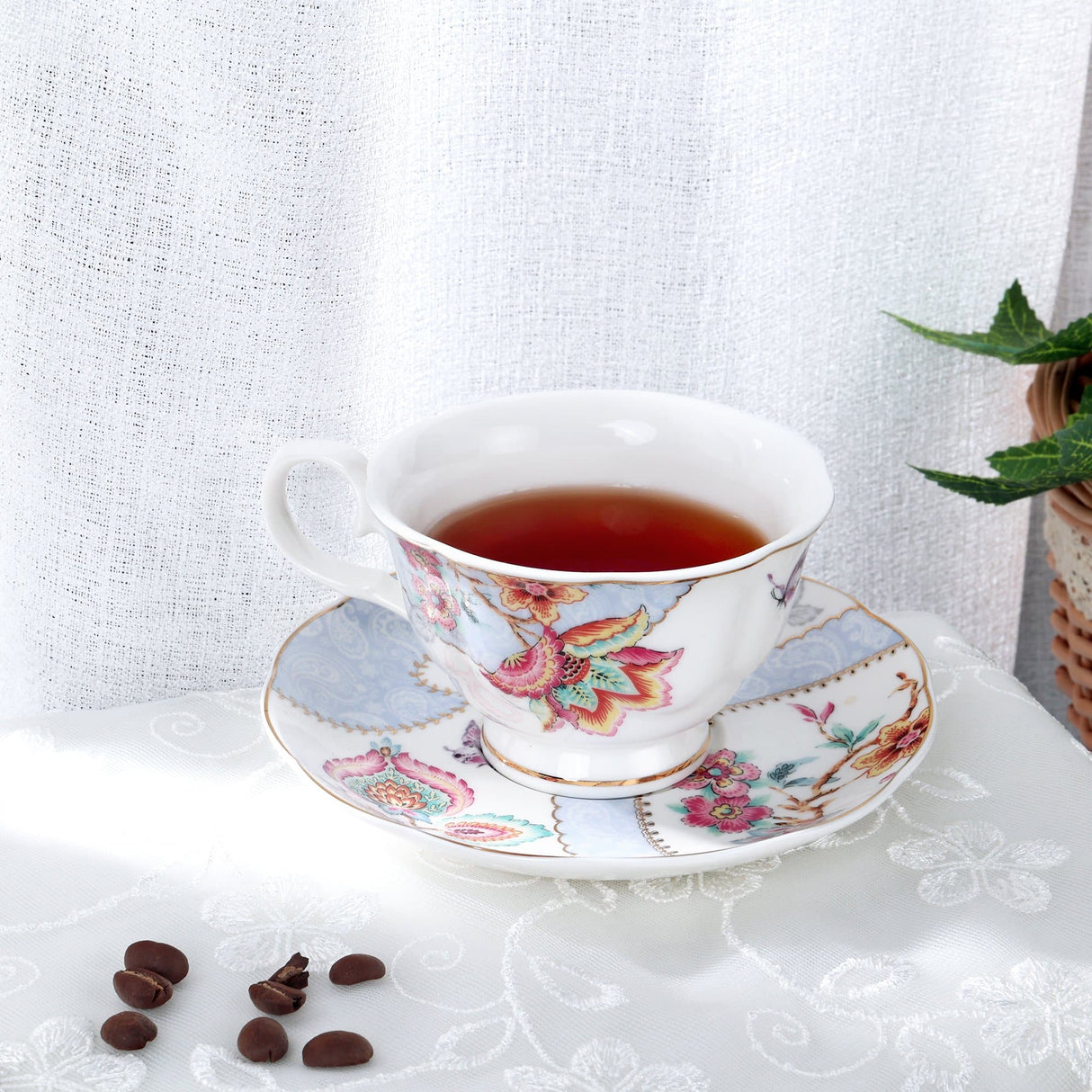 Purple Floral Coffee Cups Set