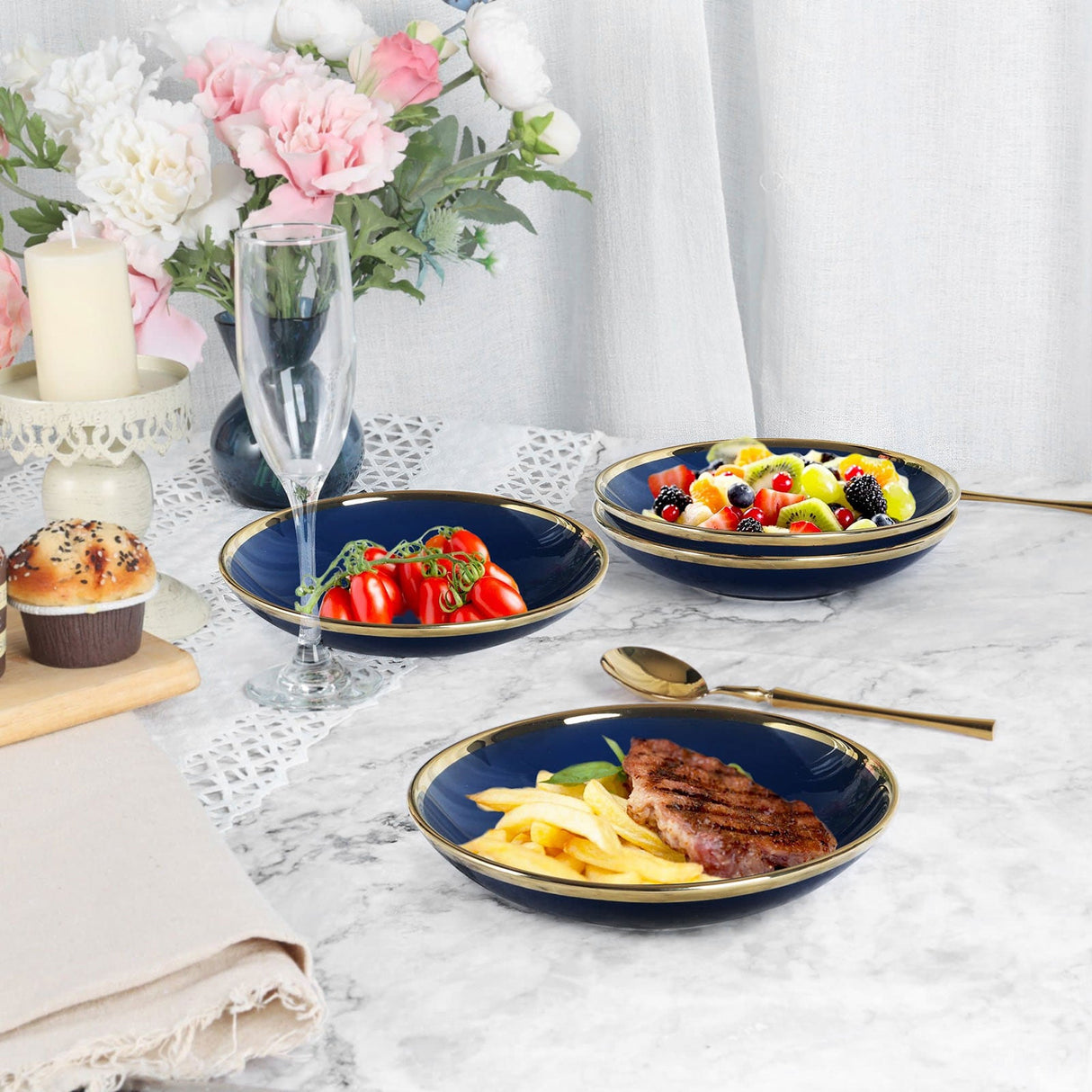 Navy Blue Porcelain Pasta Bowl Set