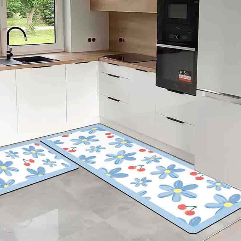 Feblilac Cherries in Blue Flowers PVC Leather Kitchen Mat