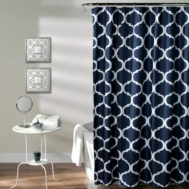 Feblilac Navy Blue Ground Circle Geometric Shower Curtain with Hooks, Geometric Figure Bathroom Curtains with Ring, Unique Bathroom décor, Boho Shower Curtain, Customized Bathroom Curtains, Extra Long Shower Curtain