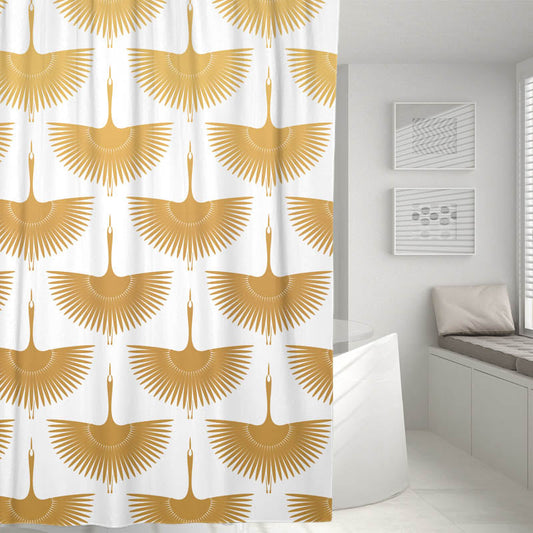 Feblilac Golden Crane Shower Curtain with Hooks, Bathroom Curtains with Ring, Unique Bathroom décor, Boho Shower Curtain, Customized Bathroom Curtains, Extra Long Shower Curtain