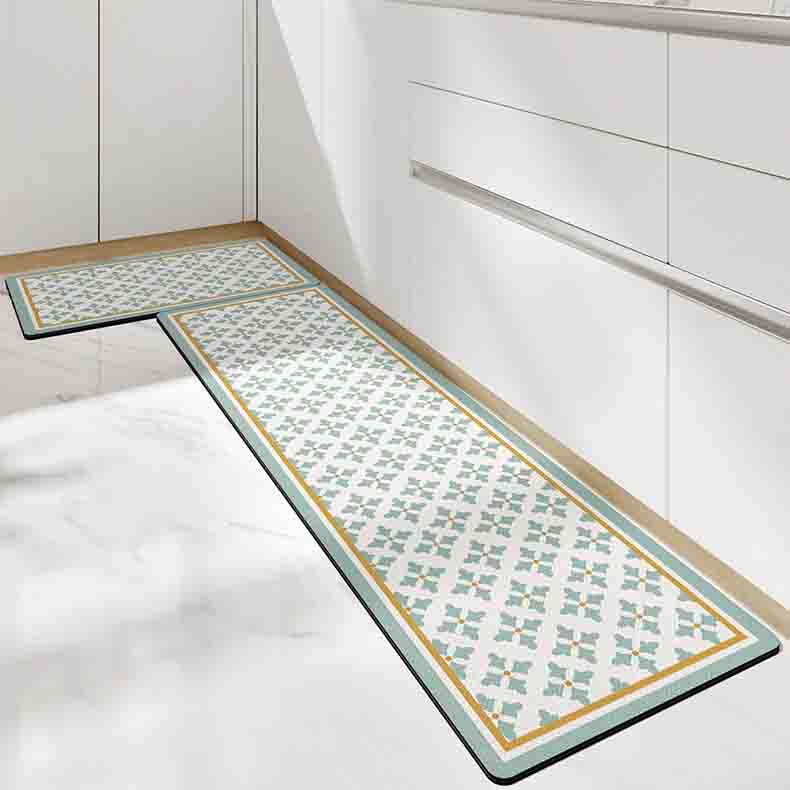 Feblilac Green Flower Leaves Geometric Pattern PVC Leather Kitchen Mat