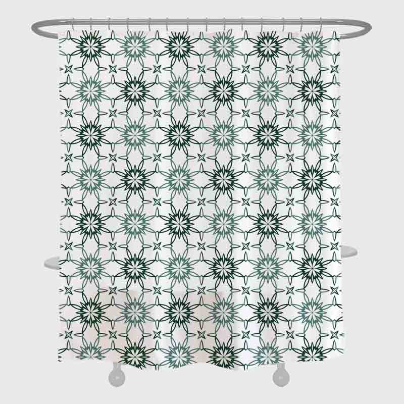 Feblilac Green Flower Shaped Line Art White Ground Shower Curtain with Hooks, Floral Bathroom Curtains with Ring, Unique Bathroom décor, Boho Shower Curtain, Customized Bathroom Curtains, Extra Long Shower Curtain