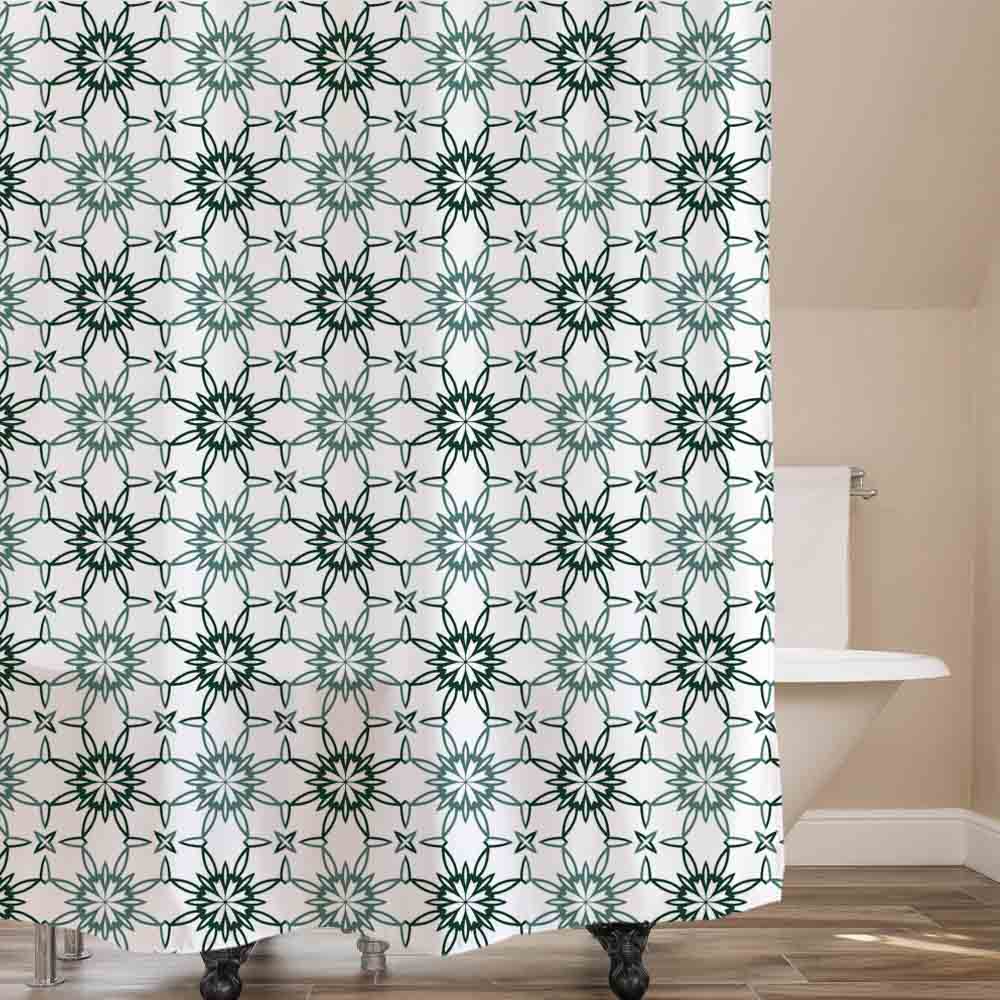 Feblilac Green Flower Shaped Line Art White Ground Shower Curtain with Hooks, Floral Bathroom Curtains with Ring, Unique Bathroom décor, Boho Shower Curtain, Customized Bathroom Curtains, Extra Long Shower Curtain