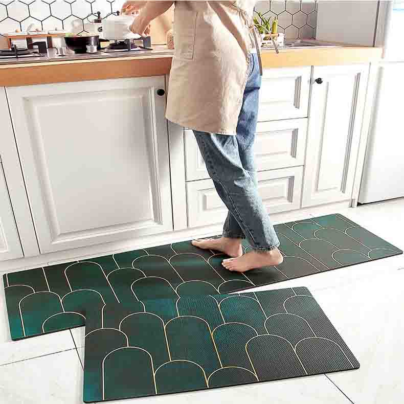 Feblilac Green Golden Abstract Door Pattern PVC Leather Kitchen Mat