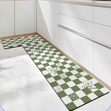 Feblilac Green White Checkerboard and Bear PVC Leather Kitchen Mat