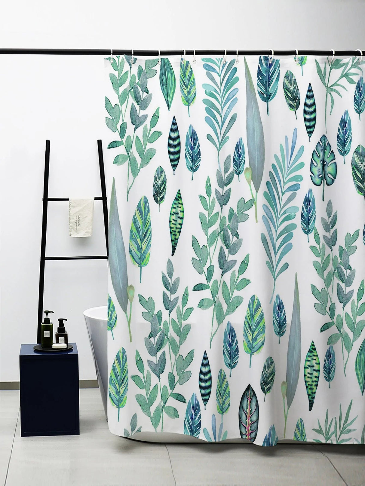 Feblilac Green and Blue Leaves Shower Curtain with Hooks, Animal Bathroom Curtains with Ring, Unique Bathroom décor, Boho Shower Curtain, Customized Bathroom Curtains, Extra Long Shower Curtain